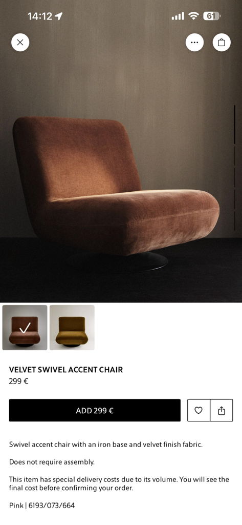 Zara Home - Página de producto de la app móvil Zara Home para una silla auxiliar giratoria tapizada en terciopelo rosa