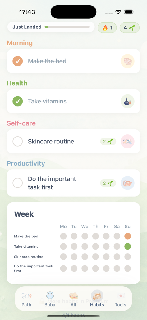 Buba – self-care buddy - Interfaz del rastreador de hábitos de la aplicación Buba que muestra rutinas diarias y puntos de progreso semanales
