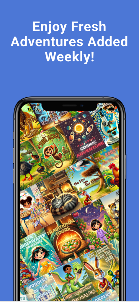 Bambu: Bedtime Stories & Books - A smartphone showing a colorful library of diverse children's book covers with the text Enjoy Fresh Adventures Added Weekly.