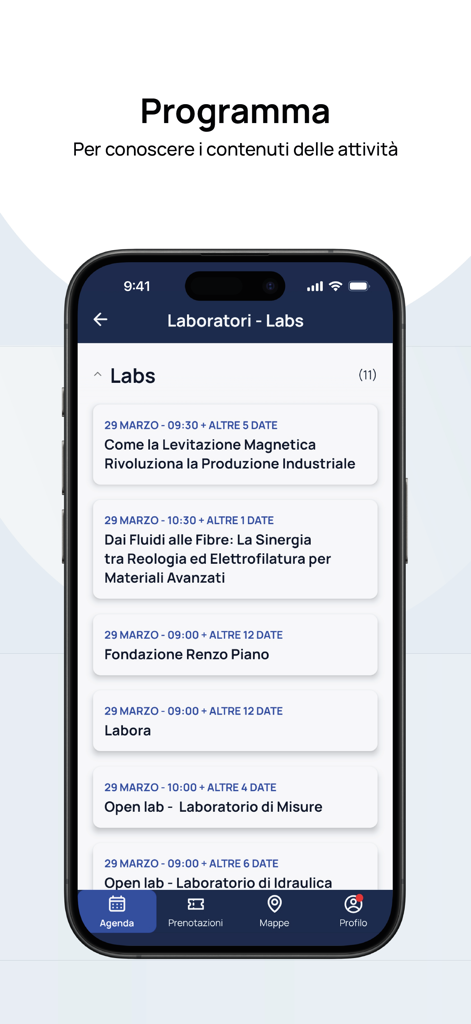 A smartphone displaying the laboratory tours and technical sessions program within the Open Day Polimi app.