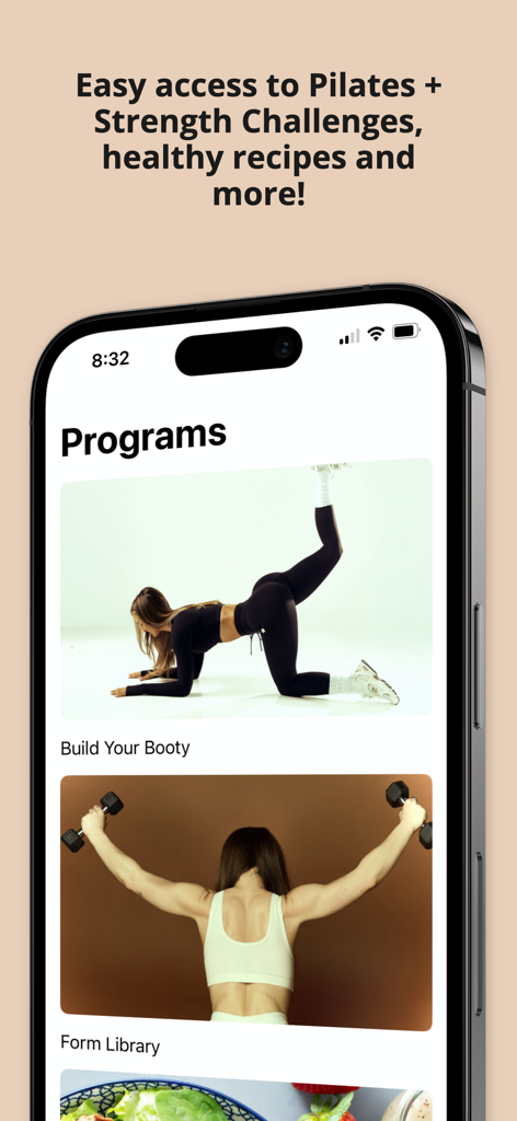 FK Body - FK Body app interface displaying workout programs for pilates and strength challenges.