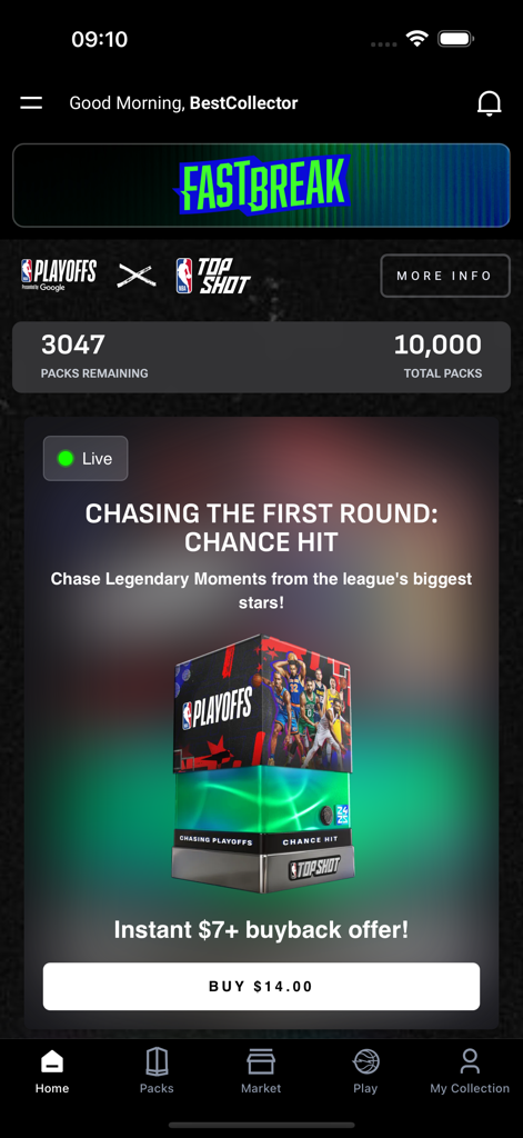 NBA Top Shot - NBA Top Shot mobile app home screen showing a limited edition NBA Playoffs digital collectible pack for sale.