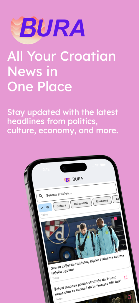L'interface de l'application Bura sur un smartphone montrant les gros titres et les catégories d'actualités croates.