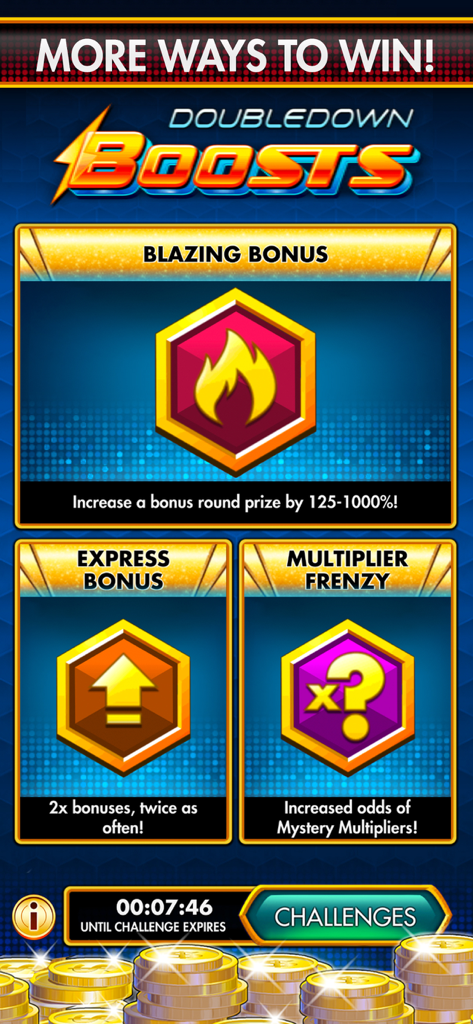 Slots DoubleDown Fort Knox - Pantalla de DoubleDown Boosts mostrando las opciones Blazing Bonus, Express Bonus y Multiplier Frenzy para juegos de máquinas tragamonedas