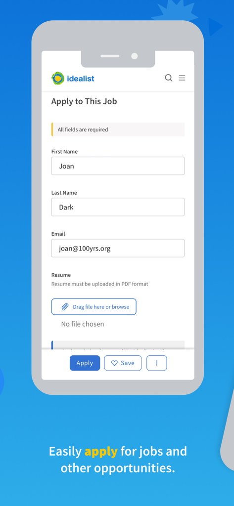 Idealist Job Search - Mobile screen of the Idealist Job Search app showing a job application form with fields for name, email, and resume upload.
