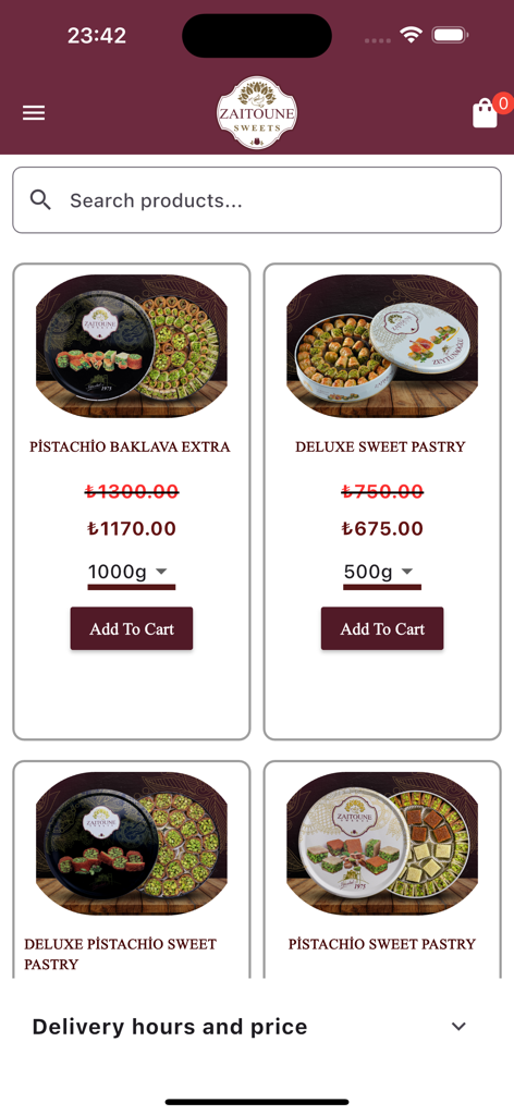 Zaitoune - Zaitoune mobile app showing various boxes of pistachio baklava and sweet pastries for purchase