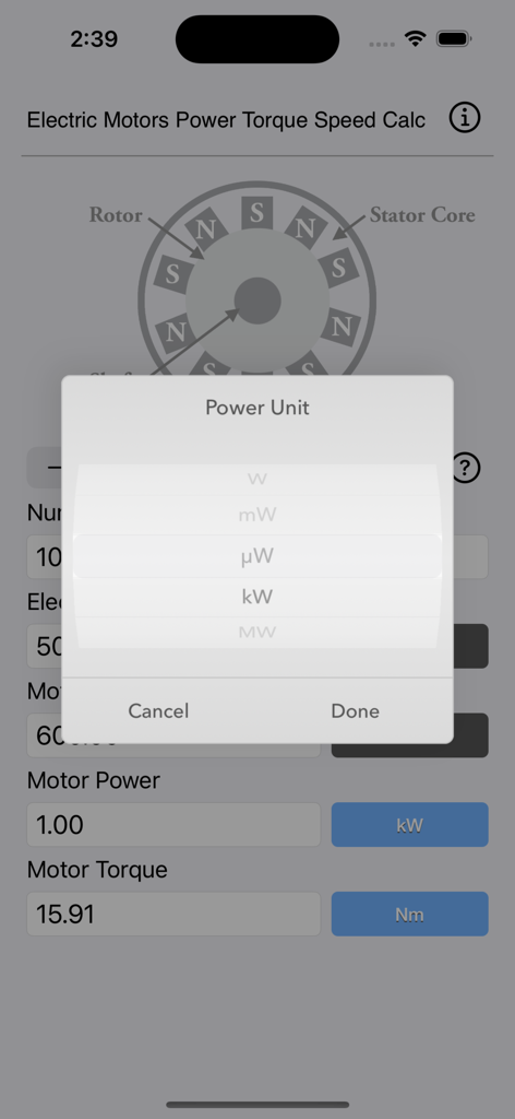 Oberfläche der App Electric Motors Speed Calc, die das Menü zur Auswahl der Leistungseinheiten zeigt