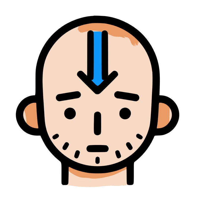 bald man with vertical blue arrow on his forehead