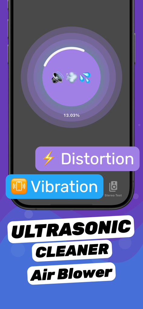 Speaker Fix – Clear Wave - Interfaz de la aplicación Speaker Fix con funciones de limpiador ultrasónico y soplador de aire para eliminar agua y polvo.