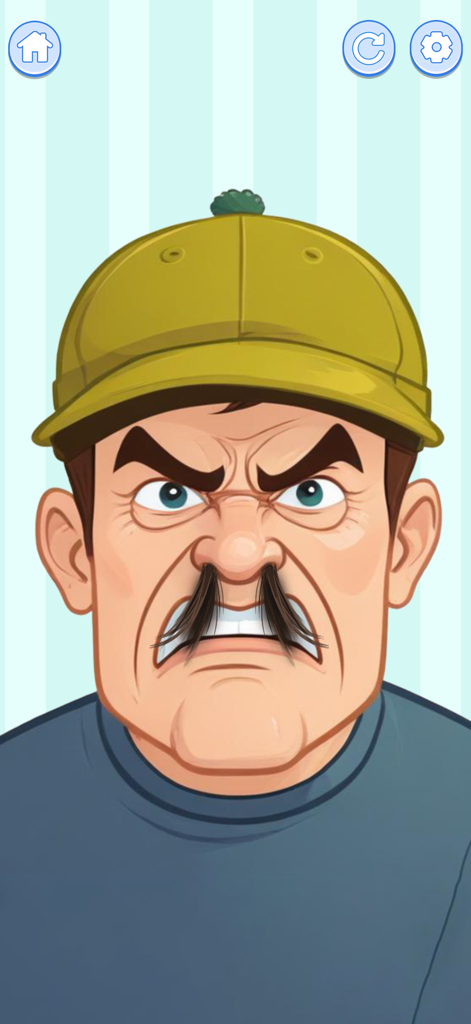 Mini Relaxing Game 2 - Captura de pantalla de un minijuego de recorte de vello nasal con un hombre enfadado con gorra amarilla