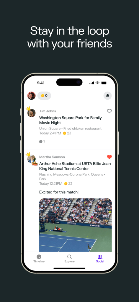 Social feed in Swarm by Foursquare showing check-ins and photos from friends