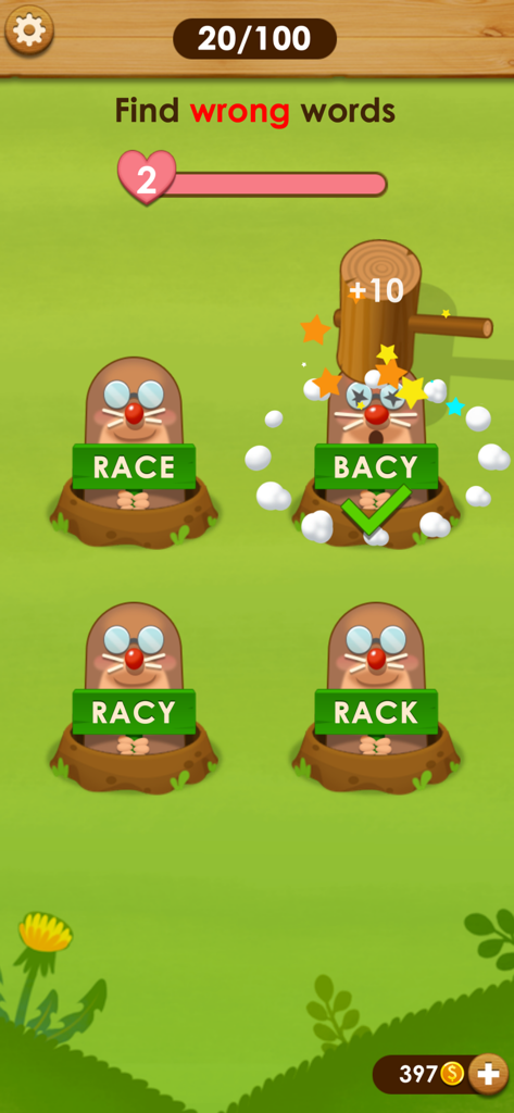 Word Farm Cross - Word Farm Cross mini game showing a whack a mole style challenge to find misspelled words