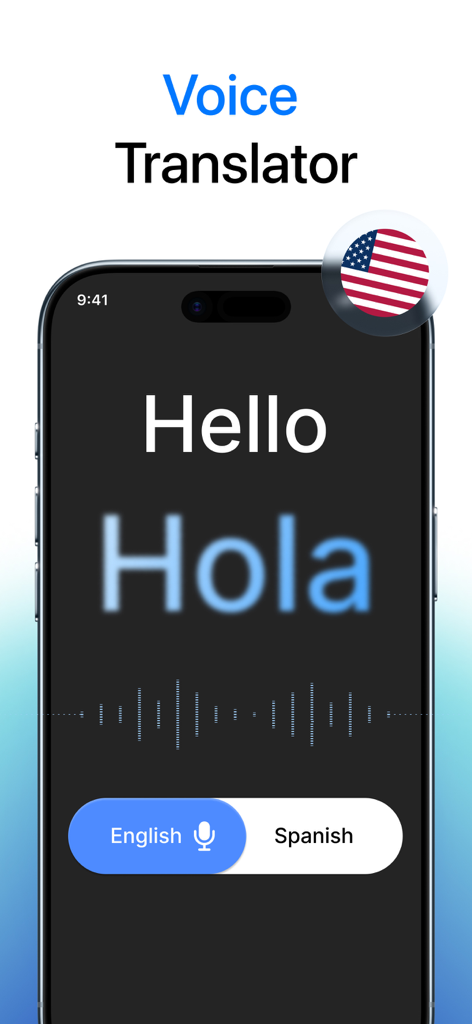 Translate Go app voice translator interface showing English to Spanish translation of Hello to Hola with voice waveform