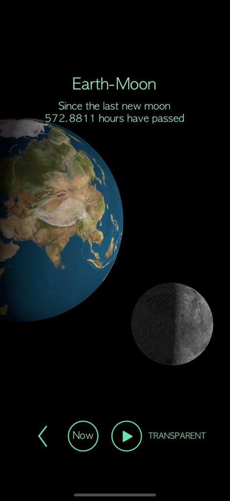 3D Astronomy : Celestial Globe - A 3D visualization of Earth and Moon relative positions with a timer showing hours since the last new moon