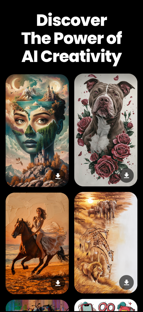 FLAI - New AI Photo Generator - App screen of FLAI showing multiple AI-generated images like a surreal portrait and a dog with roses.