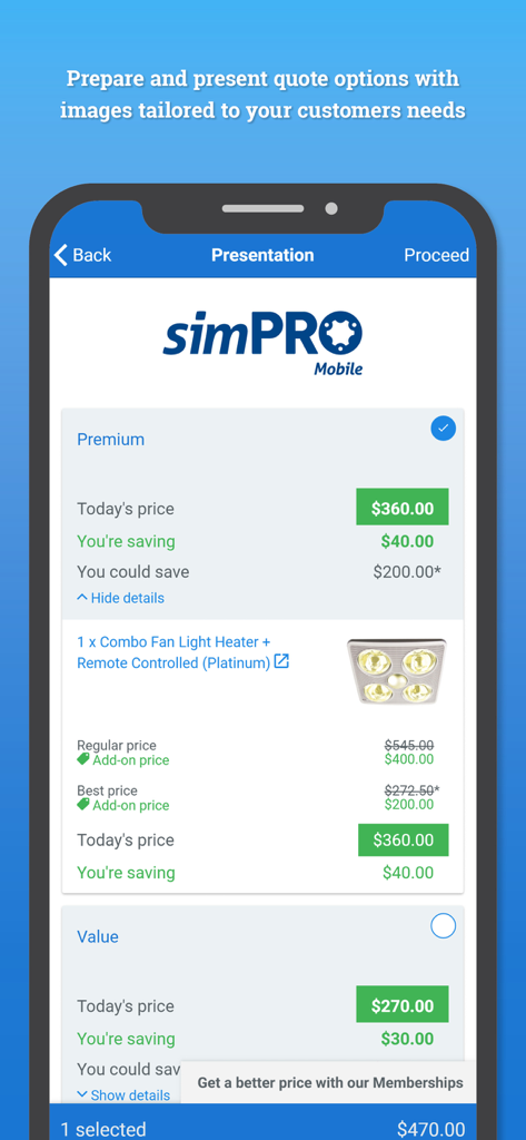 Simpro Mobile app screen showing tiered pricing options for a field service quote with premium and value packages