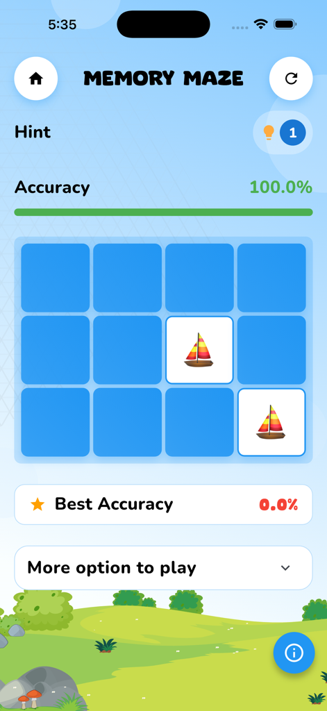 Una captura de pantalla del modo de juego Memory Maze en Juegos Cerebrales Puzle sin Conexión que muestra una cuadrícula con iconos de velero