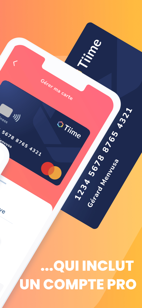 Tiime mobile app interface showing a professional bank account and Mastercard