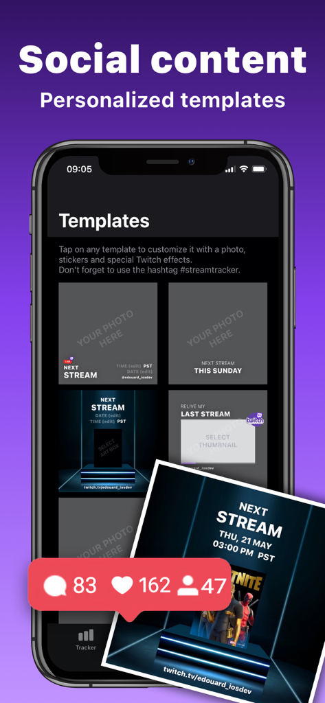 Stream Tracker for Twitch Live - Smartphone showing personalized social media templates for Twitch stream promotion in the Stream Tracker app