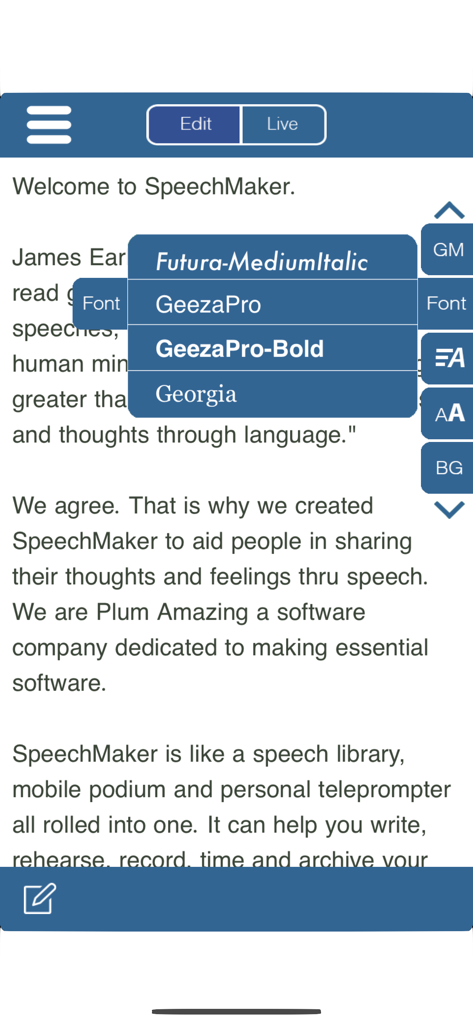 SpeechMaker app font customization menu for speech text on iPhone.