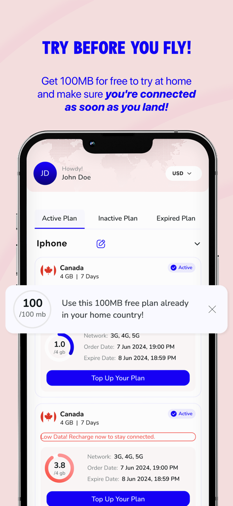 Voye Global app screenshot showing 100MB free data offer to test at home before traveling