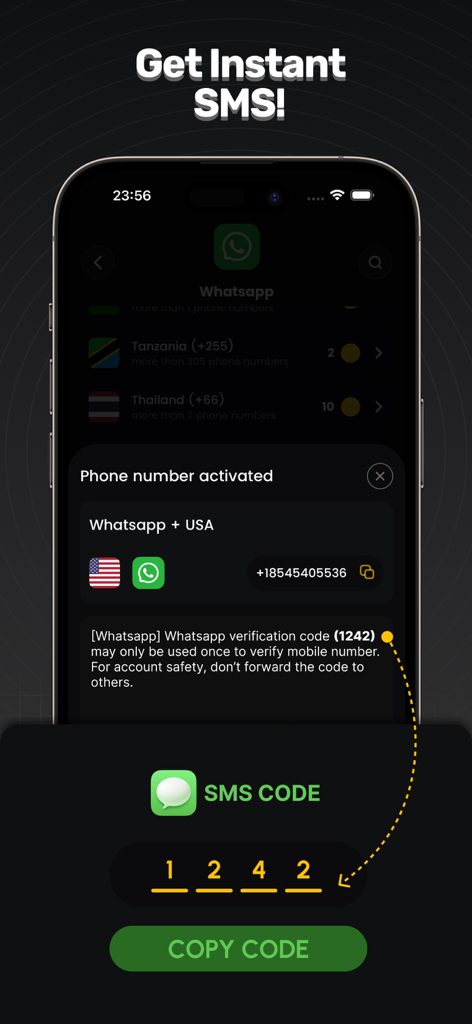 Interface de l'application GetSMS montrant un numéro de téléphone virtuel USA et un code de vérification WhatsApp instantané.