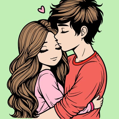 a realistic couple boy and girl hugging and kissing