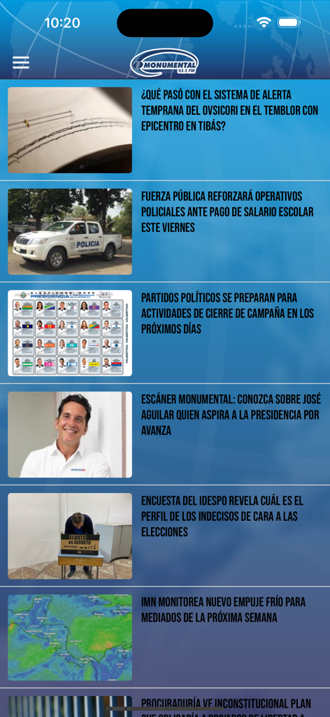 Radio Monumental 93.5 FM - The news feed of the Radio Monumental 93.5 FM app showing articles about Costa Rican national events.