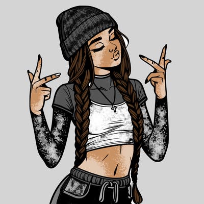 realistic teenage girl with braids and a beanie and crop top doing 🫶🏼