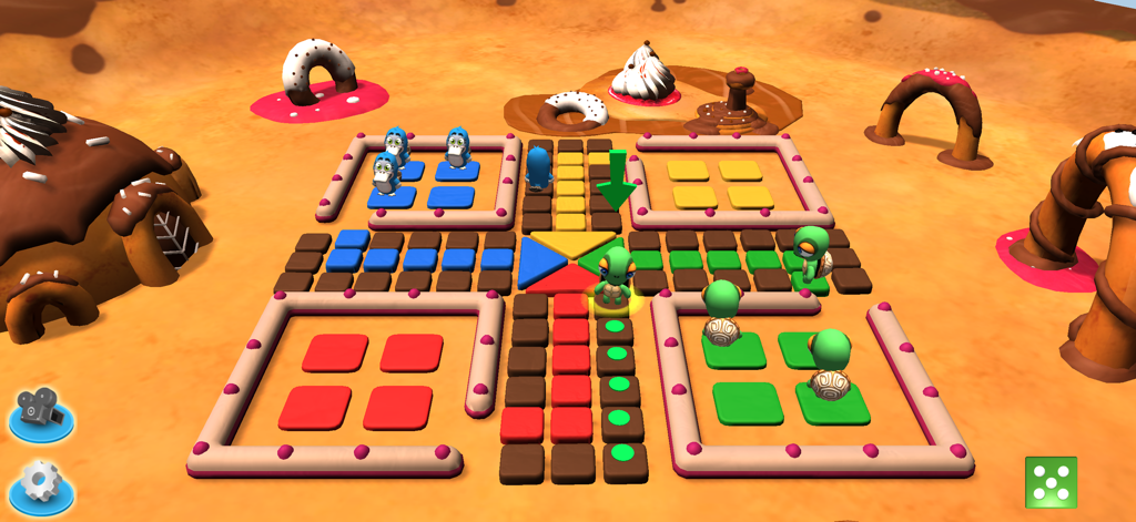 Un juego de mesa Ludo 3D con fichas de animales y un fondo temático de caramelos.