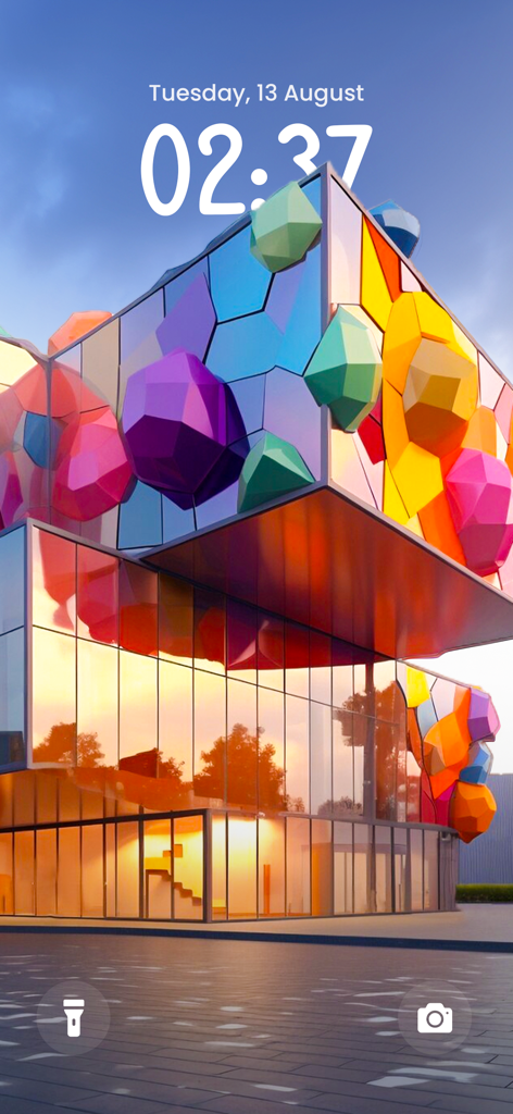 Live HD Wallpapers Background - Un fondo de pantalla de edificio geométrico vibrante y colorido en la pantalla de bloqueo de un smartphone.