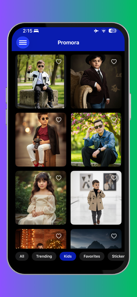 Promora - AI Prompt Generator - Interface of Promora AI Prompt Generator showing the Kids category with a grid of generated child portraits