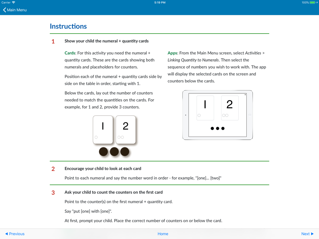 See and Learn First Counting - 数え方のアクティビティで、数字カードと数量カード、カウンターの使い方を示す説明ページ。