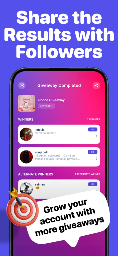 Rafiアプリの画面。Instagramプレゼント企画の当選者と結果が表示されています。
