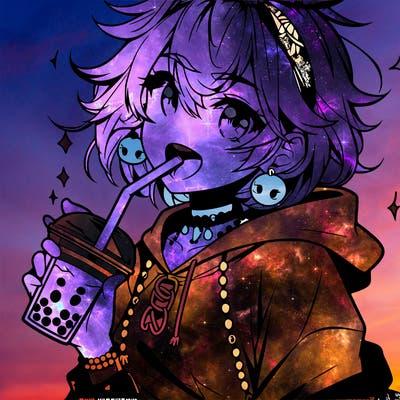 hot baddie anime girl drinking boba and biting the straw