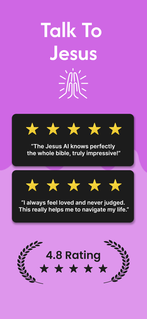 Call Jesus: Christian AI Chat - Captura de tela do aplicativo Chame Jesus IA Cristão apresentando avaliações de usuários de cinco estrelas e uma classificação de quatro ponto oito