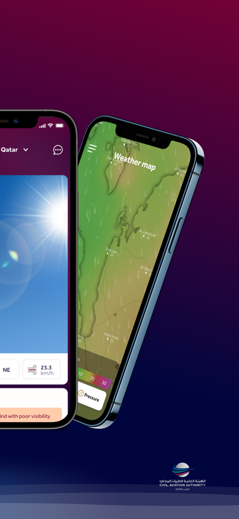 스마트폰 화면에 바람 및 압력 데이터를 표시하는 애니메이션 날씨 지도를 보여주는 공식 카타르 날씨 앱