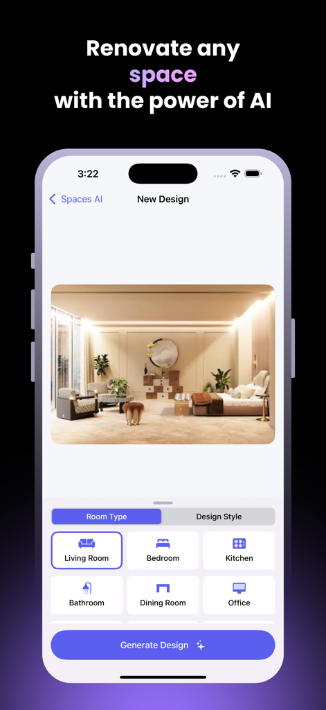 Spaces AI - Interior Design - Interfaccia dell'app mobile di Spaces AI che mostra un design di camera da letto generato dall'IA e la selezione del tipo di stanza