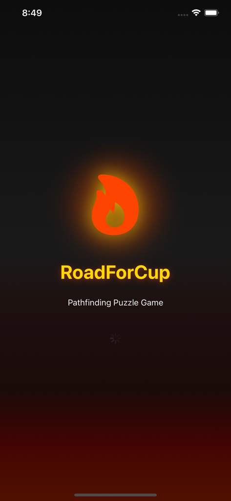 Pantalla de inicio del juego de rompecabezas de búsqueda de caminos RoadForCup con un logotipo de llama brillante