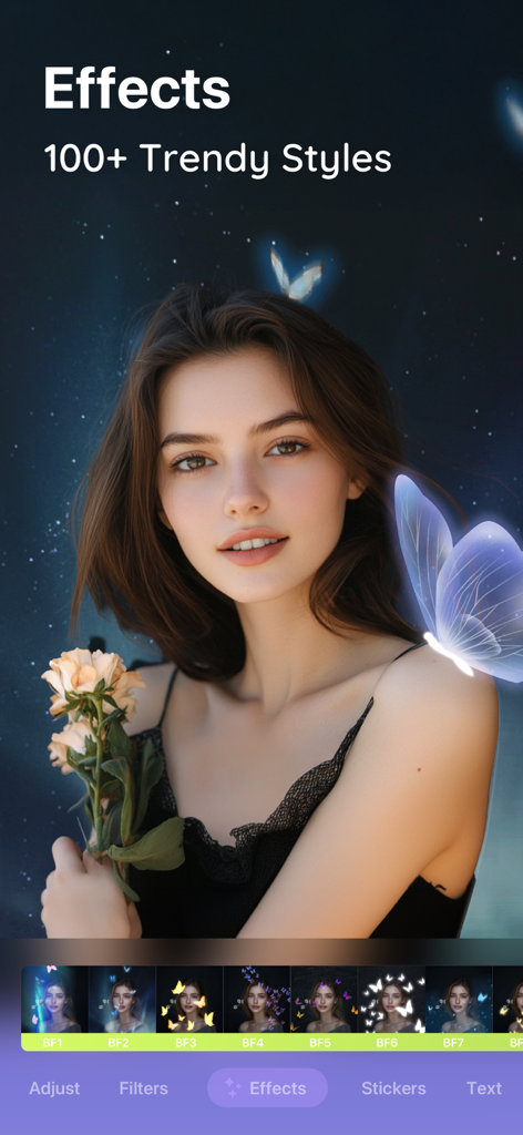Peachy app screenshot showing trendy photo effects with a glowing butterfly style on a portrait