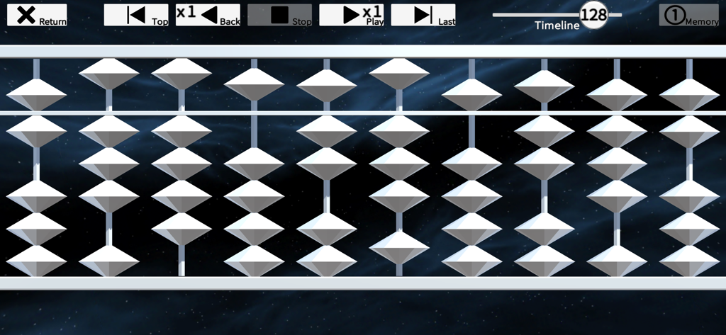 Abacus 2.0 - Digital abacus app interface showing white beads and playback analysis controls on a space background