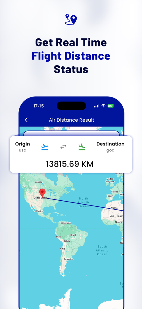 Flight Tracker - Radar - Schermata di calcolo della distanza di volo in tempo reale che mostra una rotta dagli Stati Uniti a Goa su una mappa del mondo