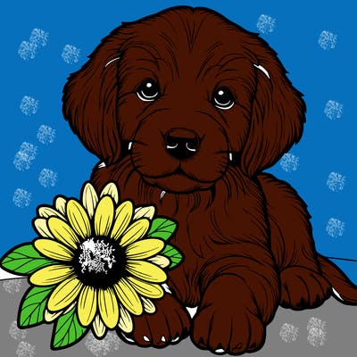 realistic retrever puppy with flower