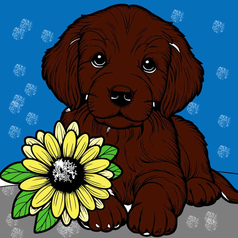 realistic retrever puppy with flower