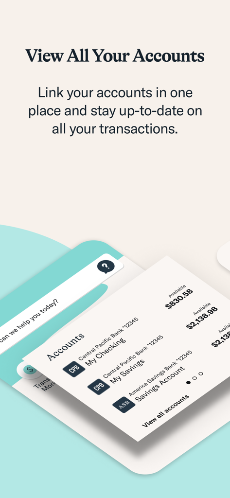 Central Pacific Bank - Central Pacific Bank mobile app account aggregation screen showing linked accounts from different banks in one place.