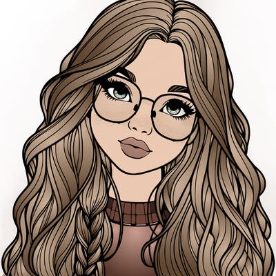 girl with long hair and freckles and glasses realistic