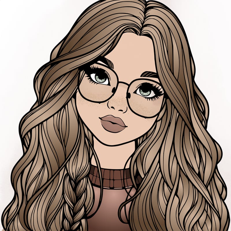 girl with long hair and freckles and glasses realistic