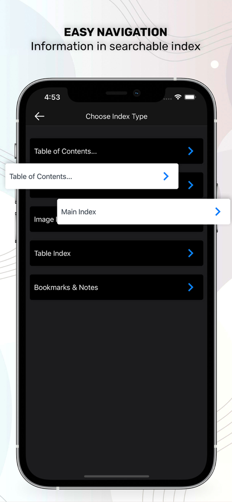 Stoelting Anesthetic Practice - Searchable index menu in the Stoelting Anesthetic Practice app showing Table of Contents and Main Index options.