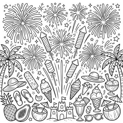 Get ready for an explosion of color with this festive page, combining the thrill of aerial shells with beloved summer vacation treats. Dive into a world of sunshine, fireworks, and delicious ice creams, perfect for a relaxing coloring escape.