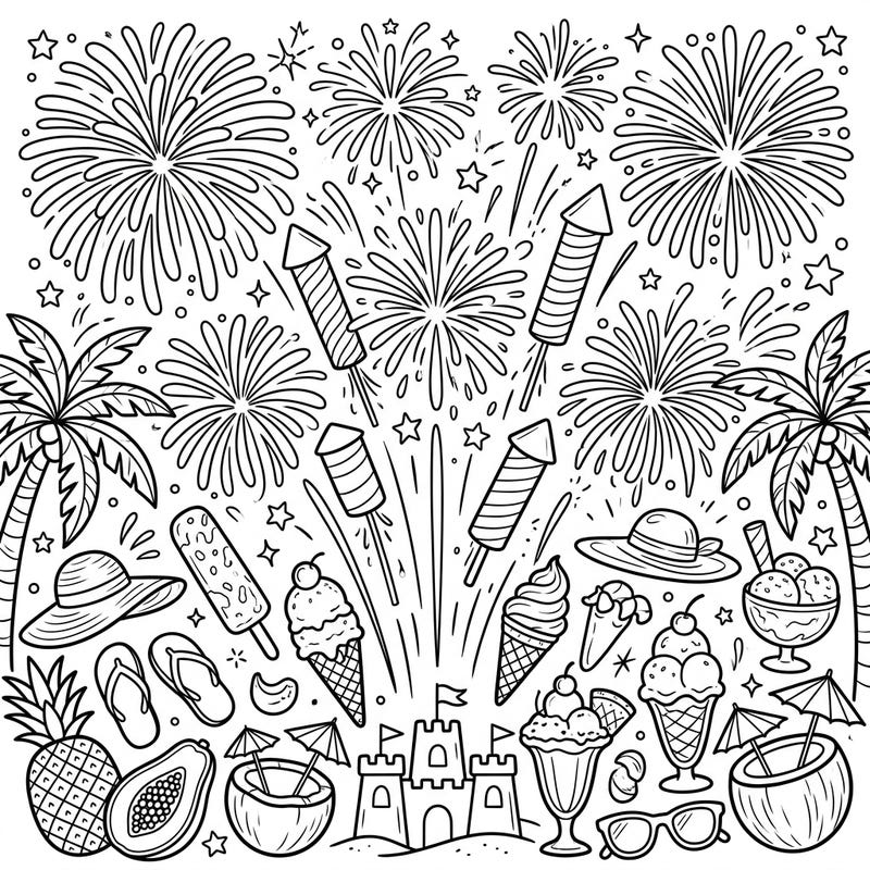 Get ready for an explosion of color with this festive page, combining the thrill of aerial shells with beloved summer vacation treats. Dive into a world of sunshine, fireworks, and delicious ice creams, perfect for a relaxing coloring escape.